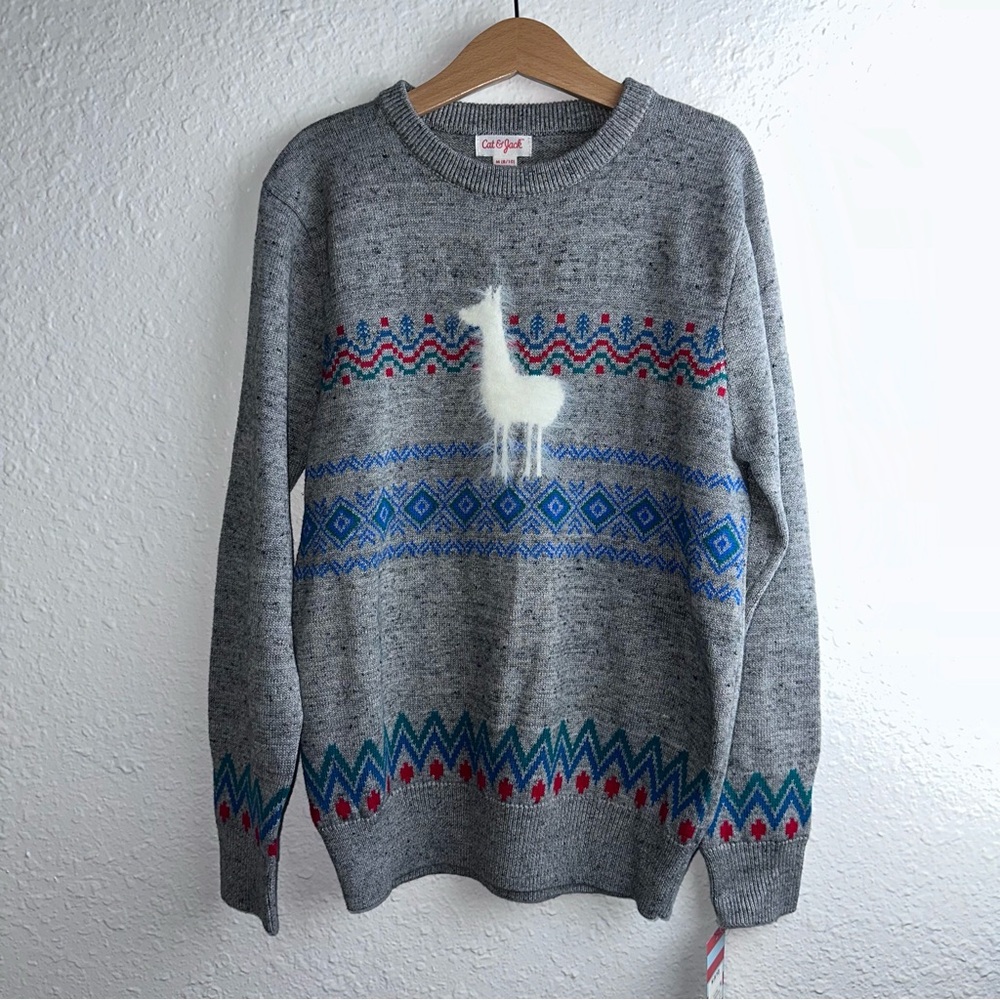 Cat & Jack Gray Sweater with Llama and Geometric Patterns